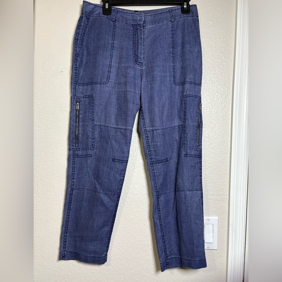 Tommy Bahama Blue Washed Linen Cargo Cropped Pants. Front, Back Pockets, Zipper - Picture 1 of 11